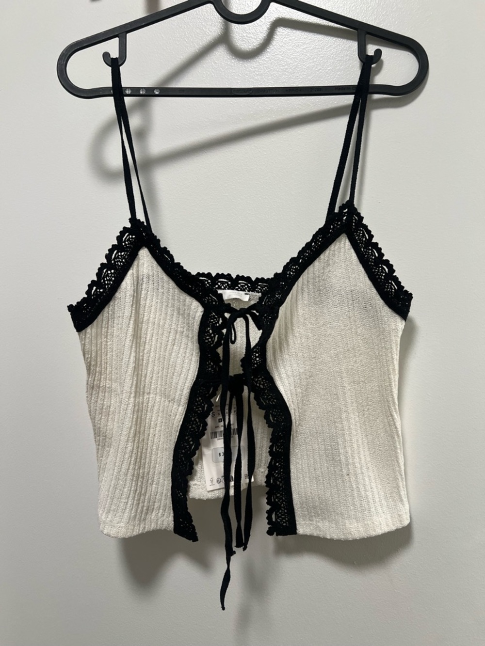 Zara Cream Ribbed Cropped Cami with Black Lace Trim